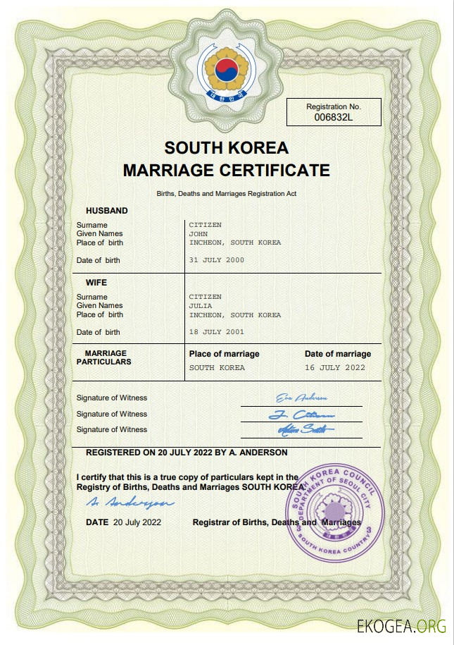 Modèle Word et PDF de certificat de mariage en Corée du Sud